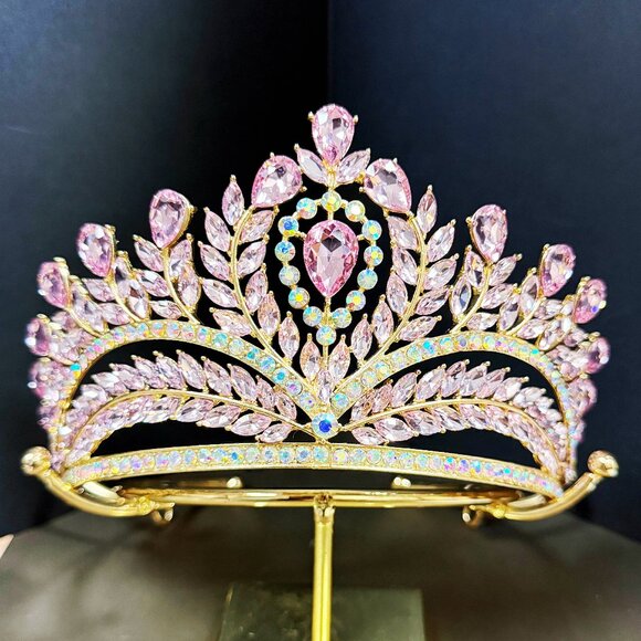 Pink Crystal Crown, Quinceanera Crown, Gold Wedding Tiara, Princess Tiara